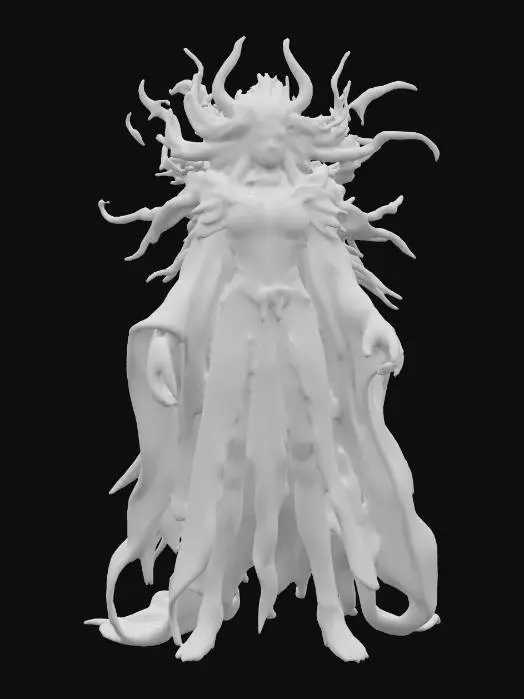 3D model for fantasy female banshee, slim elegant body, long straight hair sticking out like blades, elegant robe torn into individual shreds, hands ending in claws reaching forward, detailed nice terrifying female face, extremely detailed, high sharp resolution texture, hyperrealistic, epic stance