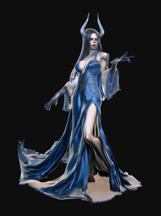 3D model for fantasy female banshee, slim elegant body, long straight hair sticking out like blades, elegant robe torn into individual shreds, hands ending in claws reaching forward, detailed nice terrifying female face, extremely detailed, high sharp resolution texture, hyperrealistic, epic stance