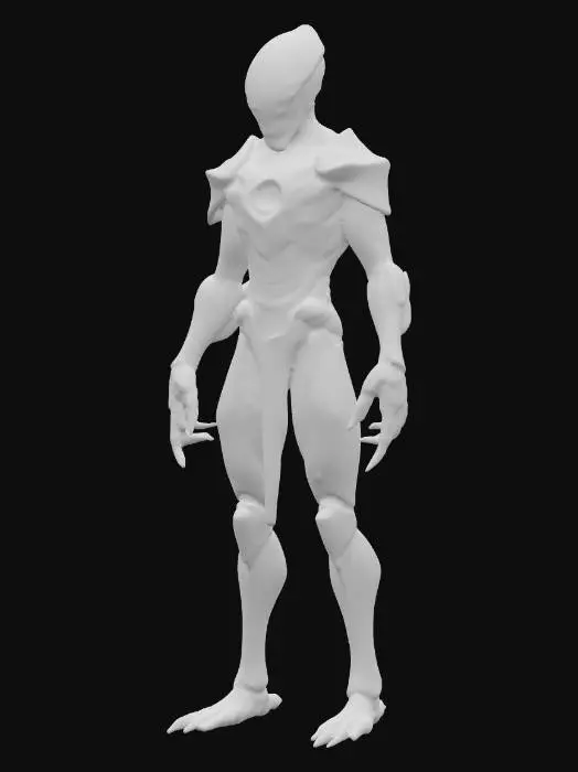 3D model for alien sentinel; tall humanoid figure with no visible head, smooth conical upper body tapering to a rounded crest; body covered in organic armor-like plates, colored deep teal-blue with golden glowing veins; chest marked with a radiant circular core emitting bright light; elongated arms ending in three sharp clawed fingers; legs strong and digitigrade with taloned feet; posture upright, solemn and intimidating; surface texture smooth but ridged like carved stone mixed with living metal; extremely detailed, high resolution texture, epic stance; extremely detailed, high resolution texture, epic stance