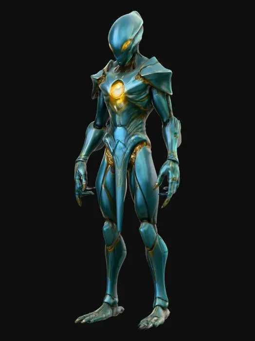 3D model for alien sentinel; tall humanoid figure with no visible head, smooth conical upper body tapering to a rounded crest; body covered in organic armor-like plates, colored deep teal-blue with golden glowing veins; chest marked with a radiant circular core emitting bright light; elongated arms ending in three sharp clawed fingers; legs strong and digitigrade with taloned feet; posture upright, solemn and intimidating; surface texture smooth but ridged like carved stone mixed with living metal; extremely detailed, high resolution texture, epic stance; extremely detailed, high resolution texture, epic stance