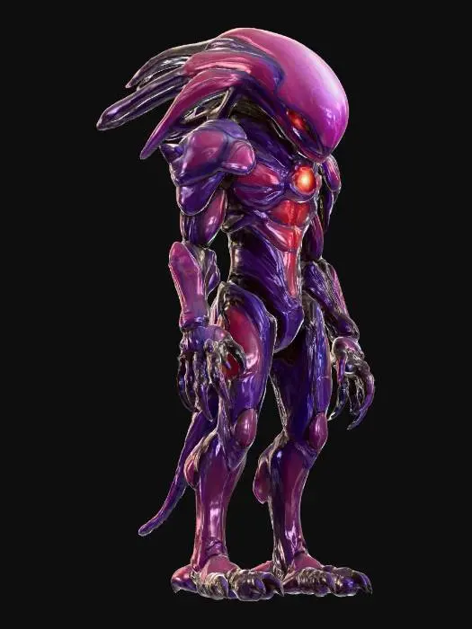 3D model for alien sentinel; tall humanoid figure with no visible head, smooth conical upper body tapering to a rounded crest; body covered in organic armor-like plates, colored deep teal-blue with golden glowing veins; chest marked with a radiant circular core emitting bright light; elongated arms ending in three sharp clawed fingers; legs strong and digitigrade with taloned feet; posture upright, solemn and intimidating; surface texture smooth but ridged like carved stone mixed with living metal; extremely detailed, high resolution texture, epic stance; extremely detailed, high resolution texture, epic stance