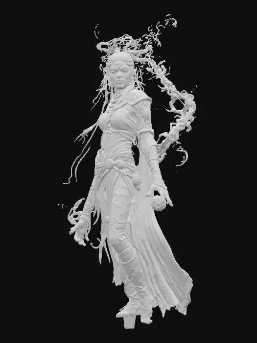 3D model for mystical sorceress; tall elegant female figure with athletic build; wearing tattered ancient robes and jewelry, decorated with golden ornaments and chains; outfit dark teal with metallic gold accents, partially revealing but armored at shoulders and waist; glowing blue magical energy swirling around her arms and hands; face stern with glowing eyes, adorned with a jeweled crown and ritual markings; hair long and braided, flowing with energy; posture commanding and radiant; aura mystical, powerful and intimidating; extremely detailed, high resolution texture, epic stance