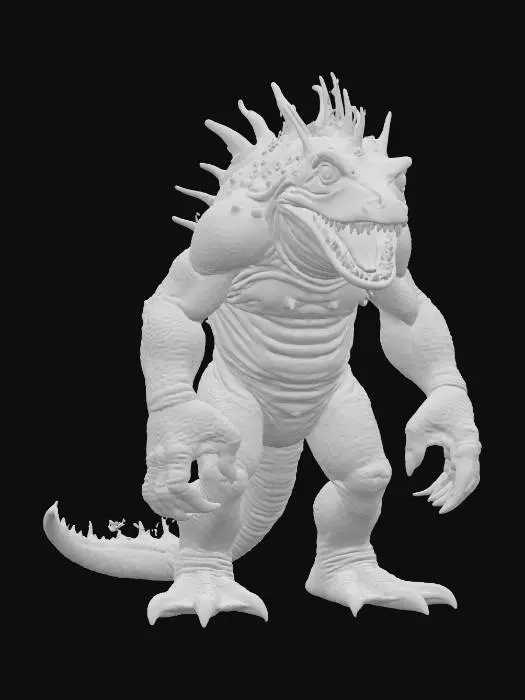 3D model for amphibious humanoid monster; squat muscular body with green spiked skin; wide toothy mouth filled with sharp fangs; spiny crest rising from its back; webbed clawed hands and feet; menacing posture, intimidating and fierce, extremely detailed, high resolution texture, hyperrealistic, epic stance