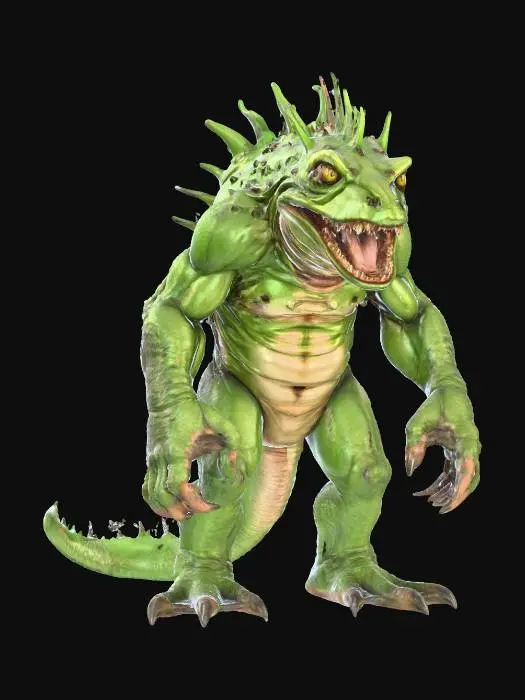 3D model for amphibious humanoid monster; squat muscular body with green spiked skin; wide toothy mouth filled with sharp fangs; spiny crest rising from its back; webbed clawed hands and feet; menacing posture, intimidating and fierce, extremely detailed, high resolution texture, hyperrealistic, epic stance