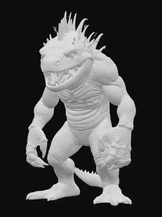 3D model for amphibious humanoid monster; squat muscular body with green spiked skin; wide toothy mouth filled with sharp fangs; spiny crest rising from its back; webbed clawed hands and feet; menacing posture, intimidating and fierce, extremely detailed, high resolution texture, hyperrealistic, epic stance