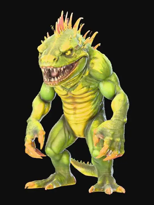 3D model for amphibious humanoid monster; squat muscular body with green spiked skin; wide toothy mouth filled with sharp fangs; spiny crest rising from its back; webbed clawed hands and feet; menacing posture, intimidating and fierce, extremely detailed, high resolution texture, hyperrealistic, epic stance