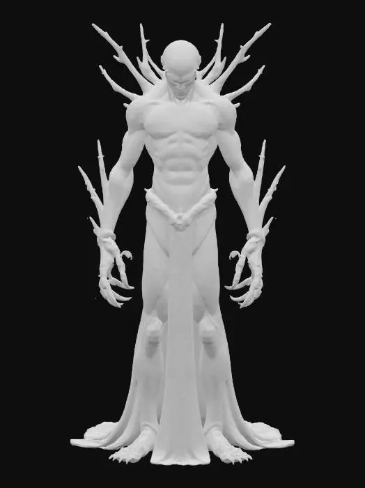 3D model for eerie creature; towering slender humanoid standing unnaturally tall; skin pale gray with cracked marble-like texture, faint violet veins glowing beneath; elongated arms with bony clawed fingers tipped in blue glow; faceless head with a vertical slit of eerie white light; back marked by spiny protrusions like fractured bone wings; digitigrade legs with taloned feet barely touching the ground; tattered spectral robes drifting like smoke; aura ghostly, mystical and terrifying, whispers of lost souls; extremely detailed, high resolution texture, epic stance; colors pale gray, violet, ghostly blue and shadow black