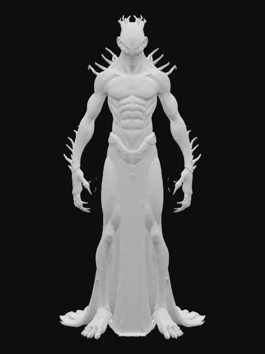 3D model for eerie creature; towering slender humanoid standing unnaturally tall; skin pale gray with cracked marble-like texture, faint violet veins glowing beneath; elongated arms with bony clawed fingers tipped in blue glow; faceless head with a vertical slit of eerie white light; back marked by spiny protrusions like fractured bone wings; digitigrade legs with taloned feet barely touching the ground; tattered spectral robes drifting like smoke; aura ghostly, mystical and terrifying, whispers of lost souls; extremely detailed, high resolution texture, epic stance; colors pale gray, violet, ghostly blue and shadow black