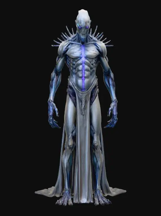 3D model for eerie creature; towering slender humanoid standing unnaturally tall; skin pale gray with cracked marble-like texture, faint violet veins glowing beneath; elongated arms with bony clawed fingers tipped in blue glow; faceless head with a vertical slit of eerie white light; back marked by spiny protrusions like fractured bone wings; digitigrade legs with taloned feet barely touching the ground; tattered spectral robes drifting like smoke; aura ghostly, mystical and terrifying, whispers of lost souls; extremely detailed, high resolution texture, epic stance; colors pale gray, violet, ghostly blue and shadow black