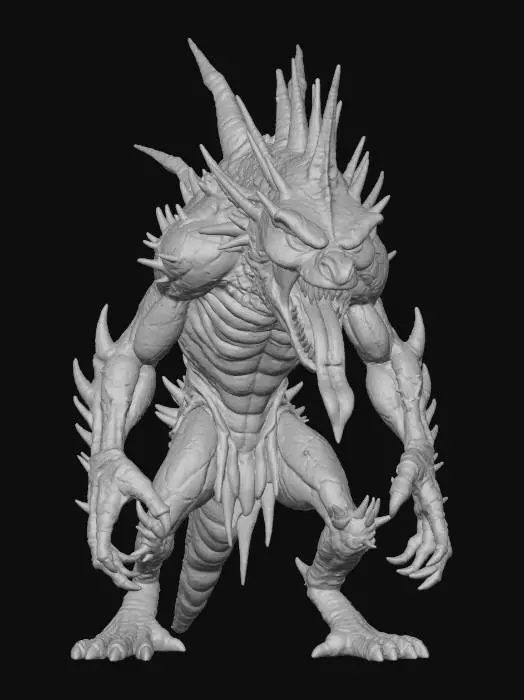 3D model for feral beast; crouched monstrous creature with rough cracked hide like dried earth; body muscular, covered in jagged spikes and ridges; massive clawed arms and legs adapted for crawling and striking; wide gaping mouth full of long yellow fangs, with an extended serpent-like tongue; glowing orange eyes radiating hunger and rage; back lined with sharp spiny protrusions; posture low and predatory, ready to lunge; aura feral, terrifying and primal; extremely detailed, high resolution texture, epic stance; color scheme earthy brown, dark gray, ember orange