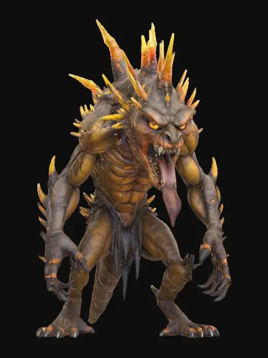 3D model for feral beast; crouched monstrous creature with rough cracked hide like dried earth; body muscular, covered in jagged spikes and ridges; massive clawed arms and legs adapted for crawling and striking; wide gaping mouth full of long yellow fangs, with an extended serpent-like tongue; glowing orange eyes radiating hunger and rage; back lined with sharp spiny protrusions; posture low and predatory, ready to lunge; aura feral, terrifying and primal; extremely detailed, high resolution texture, epic stance; color scheme earthy brown, dark gray, ember orange