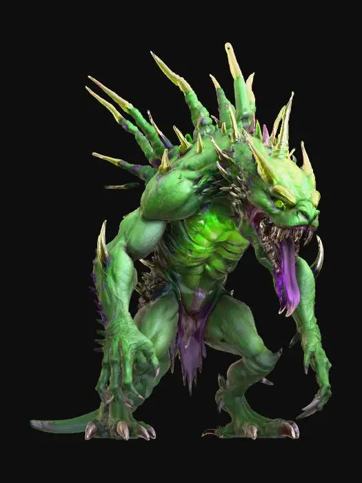 3D model for feral beast; crouched monstrous creature with rough cracked hide like dried earth; body muscular, covered in jagged spikes and ridges; massive clawed arms and legs adapted for crawling and striking; wide gaping mouth full of long yellow fangs, with an extended serpent-like tongue; glowing orange eyes radiating hunger and rage; back lined with sharp spiny protrusions; posture low and predatory, ready to lunge; aura feral, terrifying and primal; extremely detailed, high resolution texture, epic stance; color scheme earthy brown, dark gray, ember orange