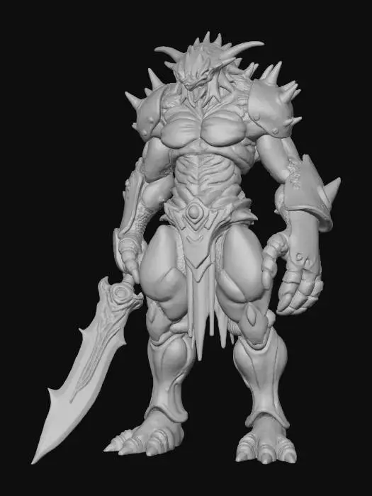3D model for crab warrior humanoid; tall armored figure with body encased in crab-like chitin plates; exoskeleton smooth yet ridged, colored deep violet-blue with black accents; helmet shaped like a crab’s carapace, mandible-like edges framing the face; arms powerful, one ending in a massive claw-like gauntlet, the other wielding a chitinous blade; legs armored, jointed and clawed, adapted for both land and water combat; back adorned with spiny ridges and barnacle-like textures; aura warlike, alien and intimidating; extremely detailed, high resolution texture, epic stance; color scheme violet-blue with black highlights