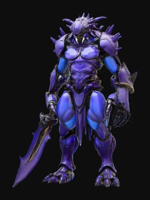 3D model for crab warrior humanoid; tall armored figure with body encased in crab-like chitin plates; exoskeleton smooth yet ridged, colored deep violet-blue with black accents; helmet shaped like a crab’s carapace, mandible-like edges framing the face; arms powerful, one ending in a massive claw-like gauntlet, the other wielding a chitinous blade; legs armored, jointed and clawed, adapted for both land and water combat; back adorned with spiny ridges and barnacle-like textures; aura warlike, alien and intimidating; extremely detailed, high resolution texture, epic stance; color scheme violet-blue with black highlights