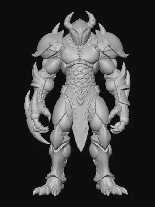 3D model for crab warrior humanoid; tall armored figure with body encased in crab-like chitin plates; exoskeleton smooth yet ridged, colored deep violet-blue with black accents; helmet shaped like a crab’s carapace, mandible-like edges framing the face; arms powerful, one ending in a massive claw-like gauntlet, the other wielding a chitinous blade; legs armored, jointed and clawed, adapted for both land and water combat; back adorned with spiny ridges and barnacle-like textures; aura warlike, alien and intimidating; extremely detailed, high resolution texture, epic stance; color scheme violet-blue with black highlights
