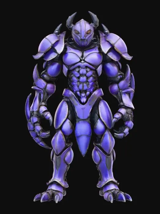 3D model for crab warrior humanoid; tall armored figure with body encased in crab-like chitin plates; exoskeleton smooth yet ridged, colored deep violet-blue with black accents; helmet shaped like a crab’s carapace, mandible-like edges framing the face; arms powerful, one ending in a massive claw-like gauntlet, the other wielding a chitinous blade; legs armored, jointed and clawed, adapted for both land and water combat; back adorned with spiny ridges and barnacle-like textures; aura warlike, alien and intimidating; extremely detailed, high resolution texture, epic stance; color scheme violet-blue with black highlights
