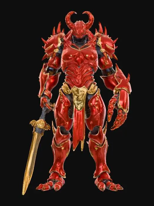 3D model for crab warrior humanoid; tall armored figure with body encased in crab-like chitin plates; exoskeleton smooth yet ridged, colored deep violet-blue with black accents; helmet shaped like a crab’s carapace, mandible-like edges framing the face; arms powerful, one ending in a massive claw-like gauntlet, the other wielding a chitinous blade; legs armored, jointed and clawed, adapted for both land and water combat; back adorned with spiny ridges and barnacle-like textures; aura warlike, alien and intimidating; extremely detailed, high resolution texture, epic stance; color scheme violet-blue with black highlights