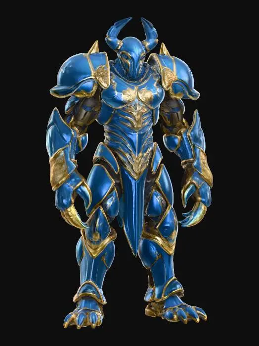 3D model for crab warrior humanoid; tall armored figure with body encased in crab-like chitin plates; exoskeleton smooth yet ridged, colored deep violet-blue with black accents; helmet shaped like a crab’s carapace, mandible-like edges framing the face; arms powerful, one ending in a massive claw-like gauntlet, the other wielding a chitinous blade; legs armored, jointed and clawed, adapted for both land and water combat; back adorned with spiny ridges and barnacle-like textures; aura warlike, alien and intimidating; extremely detailed, high resolution texture, epic stance; color scheme violet-blue with black highlights