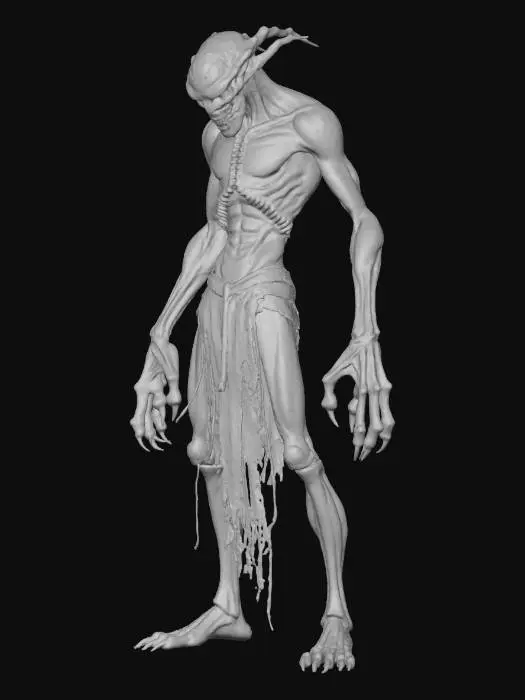 3D model for twisted shadow lord; tall crooked humanoid with distorted proportions, long limbs and hunched spine; skin pale gray with faint glowing crimson cracks across its surface; head elongated and obscured by shadow, with a faintly glowing slit where eyes should be; arms ending in long clawed fingers bending unnaturally; legs digitigrade with taloned feet barely touching the ground; remnants of dark tattered fabric flow around its form like drifting smoke; aura eerie, otherworldly and commanding; extremely detailed, high resolution texture, epic stance; color scheme gray, black, crimson glow; #villain#