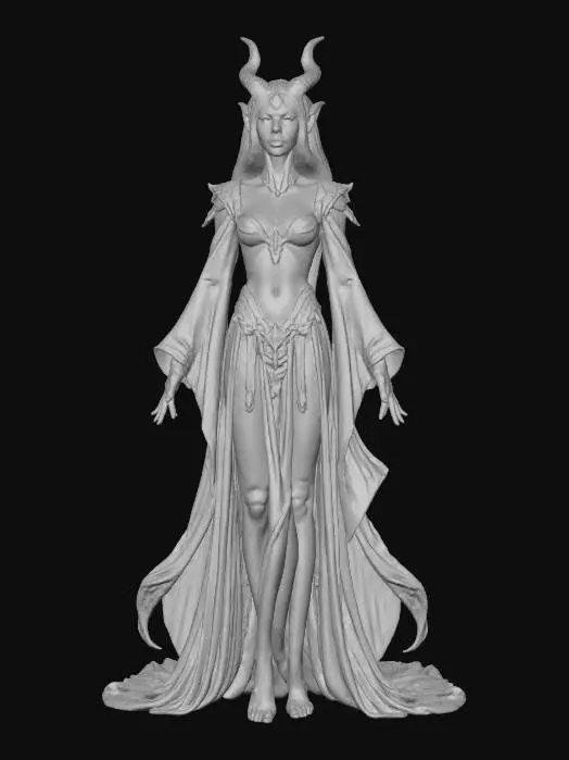 3D model for fantasy female hybrid; tall slender figure with elegant yet inhuman features; dressed in flowing mystical robes with silver embroidery; skin pale with faint glowing patterns like runes; head crowned with delicate horns curving backward, eyes glowing softly in amethyst light; arms graceful but ending in clawed fingers; legs digitigrade with elegant taloned feet; aura mystical, otherworldly and regal; extremely detailed, high resolution texture, epic stance; color scheme pale silver, deep violet and soft blue glow, #villain#