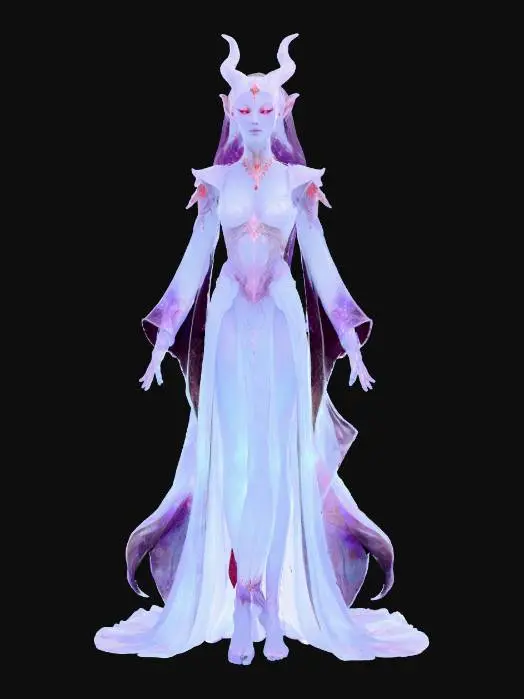 3D model for fantasy female hybrid; tall slender figure with elegant yet inhuman features; dressed in flowing mystical robes with silver embroidery; skin pale with faint glowing patterns like runes; head crowned with delicate horns curving backward, eyes glowing softly in amethyst light; arms graceful but ending in clawed fingers; legs digitigrade with elegant taloned feet; aura mystical, otherworldly and regal; extremely detailed, high resolution texture, epic stance; color scheme pale silver, deep violet and soft blue glow, #villain#