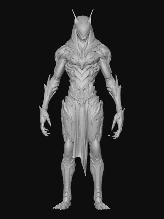 3D model for void overlord; towering humanoid figure fused with alien technology, body fragmented into floating metallic shards and streams of dark energy; face featureless, only a pulsing violet core glowing where eyes should be; elongated arms ending in claw-like gauntlets dripping with voidlight; torso partially transparent, revealing swirling galaxies within; long tattered mantle of shadow and metal fragments flowing behind; aura cosmic, sinister and commanding, radiating absolute domination; extremely detailed, high resolution texture, epic stance; color scheme black, violet, metallic silver and glowing white, #villain#