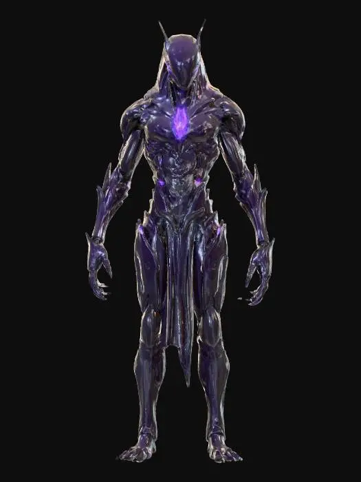 3D model for void overlord; towering humanoid figure fused with alien technology, body fragmented into floating metallic shards and streams of dark energy; face featureless, only a pulsing violet core glowing where eyes should be; elongated arms ending in claw-like gauntlets dripping with voidlight; torso partially transparent, revealing swirling galaxies within; long tattered mantle of shadow and metal fragments flowing behind; aura cosmic, sinister and commanding, radiating absolute domination; extremely detailed, high resolution texture, epic stance; color scheme black, violet, metallic silver and glowing white, #villain#