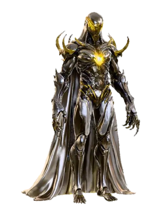 void overlord; towering humanoid figure fused with alien technology, body… 3D model, vytvořený pomocí AI