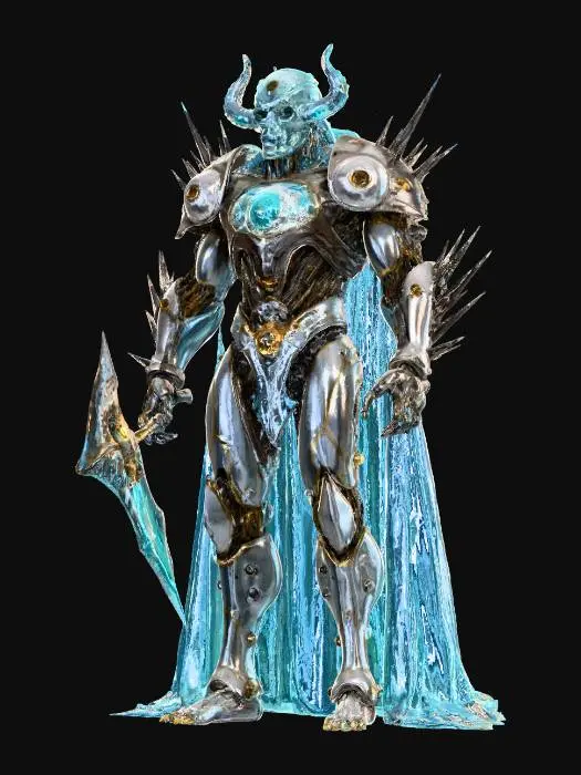 3D model for chrono tyrant; imposing humanoid figure partially mechanical, partially crystalline, body fractured by streams of distorted time; one arm fused into a massive temporal gauntlet with glowing hourglass core, the other holding a fractured blade bending light; head crowned with shifting metallic spikes, face masked with a mirrored plate reflecting countless timelines; fragments of broken clockwork and glowing gears orbit around the figure; mantle flowing like liquid glass, constantly shifting; aura temporal, regal and terrifying, bending reality itself; extremely detailed, high resolution texture, epic stance; color scheme silver, deep blue, glowing cyan and golden accents; #villain#