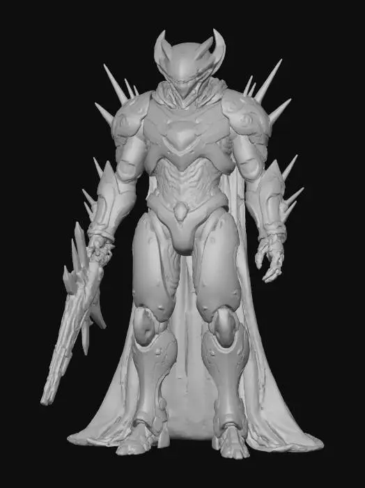 3D model for chrono tyrant; imposing humanoid figure partially mechanical, partially crystalline, body fractured by streams of distorted time; one arm fused into a massive temporal gauntlet with glowing hourglass core, the other holding a fractured blade bending light; head crowned with shifting metallic spikes, face masked with a mirrored plate reflecting countless timelines; fragments of broken clockwork and glowing gears orbit around the figure; mantle flowing like liquid glass, constantly shifting; aura temporal, regal and terrifying, bending reality itself; extremely detailed, high resolution texture, epic stance; color scheme silver, deep blue, glowing cyan and golden accents; #villain#
