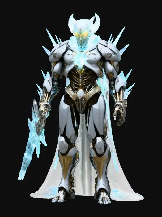 3D model for chrono tyrant; imposing humanoid figure partially mechanical, partially crystalline, body fractured by streams of distorted time; one arm fused into a massive temporal gauntlet with glowing hourglass core, the other holding a fractured blade bending light; head crowned with shifting metallic spikes, face masked with a mirrored plate reflecting countless timelines; fragments of broken clockwork and glowing gears orbit around the figure; mantle flowing like liquid glass, constantly shifting; aura temporal, regal and terrifying, bending reality itself; extremely detailed, high resolution texture, epic stance; color scheme silver, deep blue, glowing cyan and golden accents; #villain#