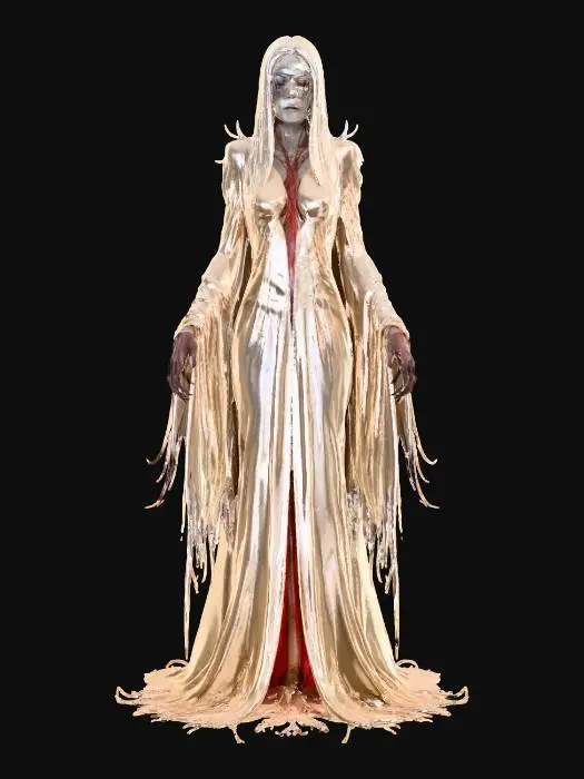 3D model for terrifying fantasy banshee; tall slim female figure with hauntingly elegant posture, long straight hair floating outward like sharp spectral blades; flowing robe shredded into countless ribbons drifting in unnatural wind; hands elongated, ending in spectral claws reaching forward as if to grasp souls; face detailed, beautiful yet terrifying, eyes glowing with eerie pale light, mouth slightly open as if screaming without sound; aura ghostly, chilling and commanding, surrounded by faint wails and drifting mist; extremely detailed, hyperrealistic, high sharp resolution texture, epic stance; color scheme pale gray, ghostly white, shadow black and faint icy blue, #villain#