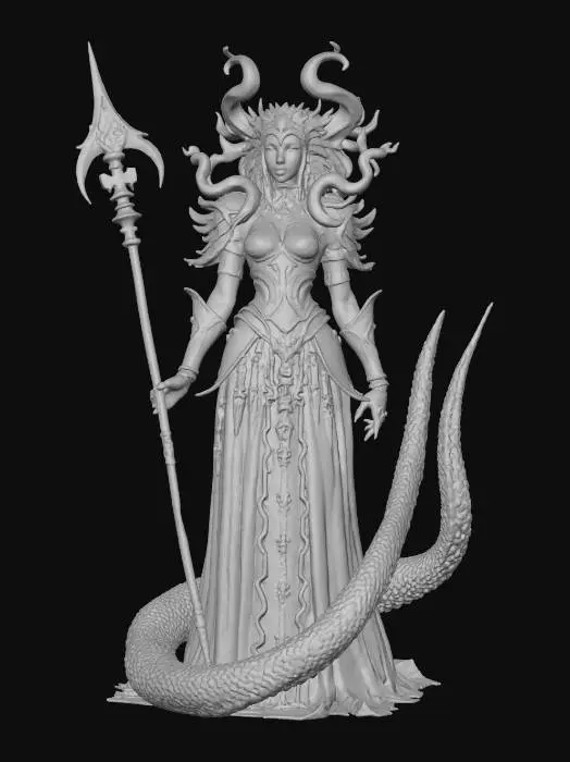 3D model for serpentine medusa; tall female figure with upper body humanoid and lower body long serpent tail coiled beneath her; skin pale stone-gray with faint cracks glowing softly; hair replaced by writhing snakes with glowing green eyes; face regal yet terrifying, eyes burning with petrifying power; torso clad in ornate ancient armor decorated with serpentine motifs; arms slender but ending in clawed fingers, one hand holding a jagged obsidian spear; tail scaled and massive, coiling with predatory strength; aura mythic, deadly and commanding; extremely detailed, high resolution texture, epic stance; color scheme stone gray, dark emerald, black and golden highlights, #villain#