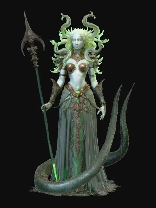 3D model for serpentine medusa; tall female figure with upper body humanoid and lower body long serpent tail coiled beneath her; skin pale stone-gray with faint cracks glowing softly; hair replaced by writhing snakes with glowing green eyes; face regal yet terrifying, eyes burning with petrifying power; torso clad in ornate ancient armor decorated with serpentine motifs; arms slender but ending in clawed fingers, one hand holding a jagged obsidian spear; tail scaled and massive, coiling with predatory strength; aura mythic, deadly and commanding; extremely detailed, high resolution texture, epic stance; color scheme stone gray, dark emerald, black and golden highlights, #villain#