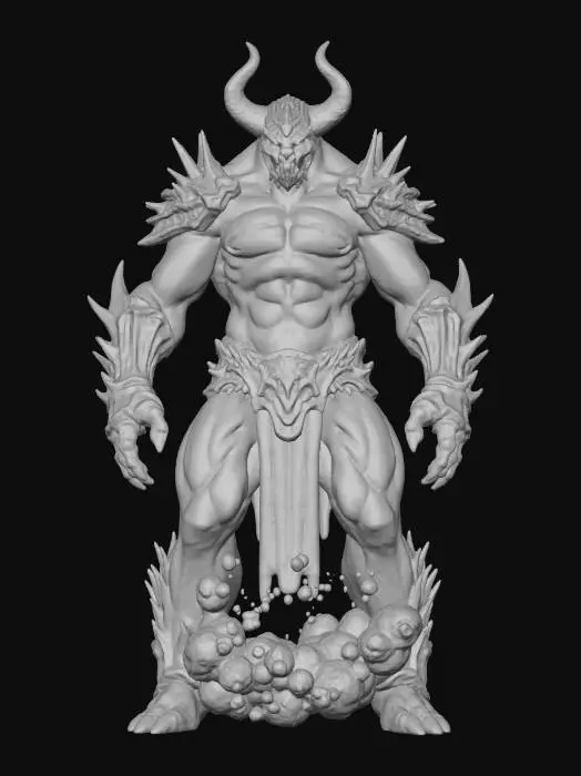 3D model for dark fantasy stone elemental; colossal humanoid form made of levitating stone fragments, each separated and floating apart, glowing cyan energy streams binding the rocks together; upper body shaped like a muscular titan with jagged rocky shoulders, fragmented arms and chest, and a terrifying horned stone mask with glowing eyes; torso and legs dissolving into a vortex of floating boulders and debris; energy core glowing bright blue in the center; atmosphere dark, ominous, mystical, with faint violet and teal highlights; highly detailed, epic, cinematic lighting, extremely detailed, high resolution texture, epic stance, #villain#