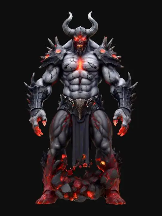 3D model for dark fantasy stone elemental; colossal humanoid form made of levitating stone fragments, each separated and floating apart, glowing cyan energy streams binding the rocks together; upper body shaped like a muscular titan with jagged rocky shoulders, fragmented arms and chest, and a terrifying horned stone mask with glowing eyes; torso and legs dissolving into a vortex of floating boulders and debris; energy core glowing bright blue in the center; atmosphere dark, ominous, mystical, with faint violet and teal highlights; highly detailed, epic, cinematic lighting, extremely detailed, high resolution texture, epic stance, #villain#