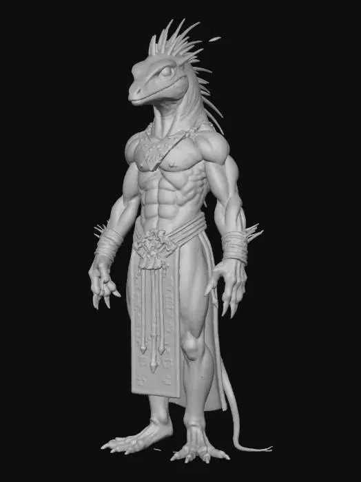 3D model for lizard humanoid; tall lean body with scaled skin, shimmering emerald green and dark bronze patterns; reptilian head with sharp eyes glowing amber, long crest and ridges along skull; muscular but slender build, humanoid proportions; hands clawed yet refined, able to wield tools and weapons; dressed in ornate tribal robes with leather straps and metal ornaments, decorated with ancient runes; aura wise, calculating and proud; extremely detailed, high resolution texture, cinematic fantasy style; color scheme emerald green, bronze, dark grey, faint golden highlights, #villain#