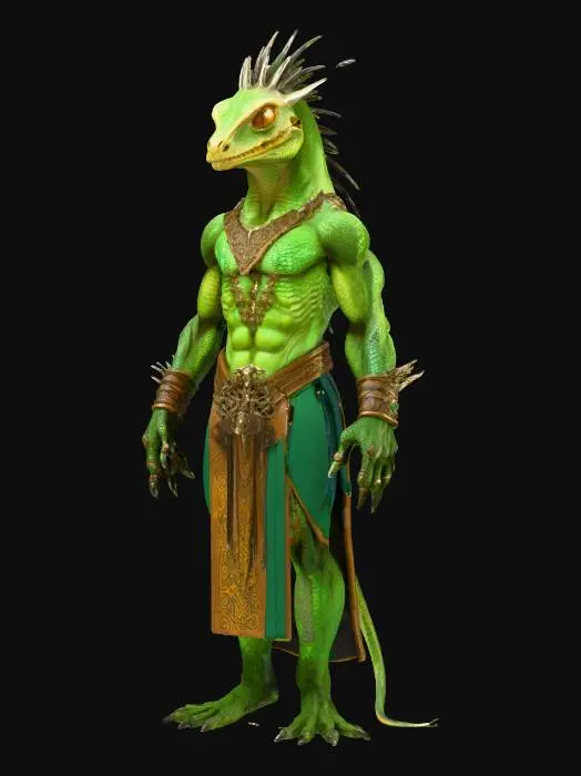 3D model for lizard humanoid; tall lean body with scaled skin, shimmering emerald green and dark bronze patterns; reptilian head with sharp eyes glowing amber, long crest and ridges along skull; muscular but slender build, humanoid proportions; hands clawed yet refined, able to wield tools and weapons; dressed in ornate tribal robes with leather straps and metal ornaments, decorated with ancient runes; aura wise, calculating and proud; extremely detailed, high resolution texture, cinematic fantasy style; color scheme emerald green, bronze, dark grey, faint golden highlights, #villain#