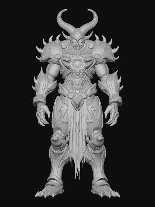 3D model for cyber hell demon; towering humanoid figure fused with infernal machinery, body armored with blackened metal and glowing red circuitry; head crowned with curved mechanical horns, face a metallic mask with burning digital eyes; chest embedded with a pulsing core radiating molten light; arms massive, ending in clawed gauntlets powered by glowing wires and gears; legs digitigrade with armored talons, each step cracking the ground with sparks; mantle of torn synthetic fabric and smoke coils drifting around; aura infernal, technological and terrifying, a fusion of demon and machine; extremely detailed, high resolution texture, epic stance; color scheme obsidian black, crimson glow, dark steel and ember orange, #villain#