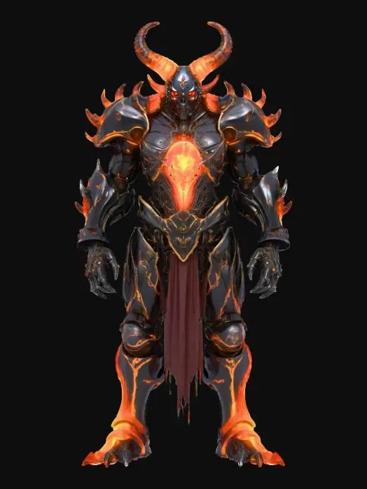 3D model for cyber hell demon; towering humanoid figure fused with infernal machinery, body armored with blackened metal and glowing red circuitry; head crowned with curved mechanical horns, face a metallic mask with burning digital eyes; chest embedded with a pulsing core radiating molten light; arms massive, ending in clawed gauntlets powered by glowing wires and gears; legs digitigrade with armored talons, each step cracking the ground with sparks; mantle of torn synthetic fabric and smoke coils drifting around; aura infernal, technological and terrifying, a fusion of demon and machine; extremely detailed, high resolution texture, epic stance; color scheme obsidian black, crimson glow, dark steel and ember orange, #villain#