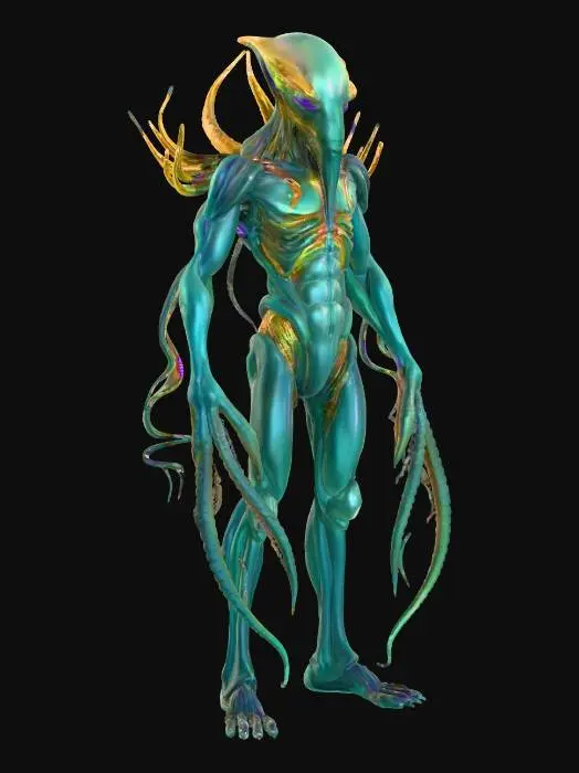 3D model for unknown entity from distant space, intelligent appearance of non-humanoid appearance, long tentacles instead of individual limbs ending in grips, main sensory organs on some kind of head, pleasing to the eye, extremely detailed, high sharp resolution texture, hyperrealistic, epic stance, #villain#