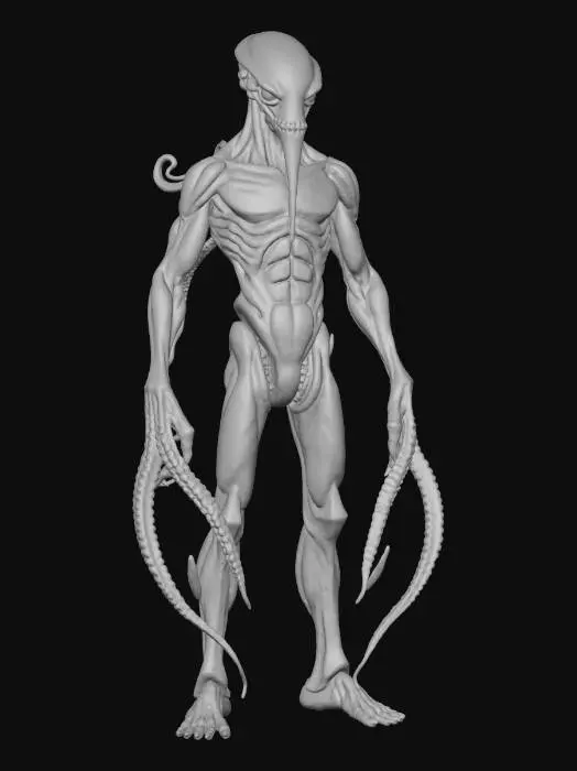3D model for unknown entity from distant space, intelligent appearance of non-humanoid appearance, long tentacles instead of individual limbs ending in grips, main sensory organs on some kind of head, pleasing to the eye, extremely detailed, high sharp resolution texture, hyperrealistic, epic stance, #villain#