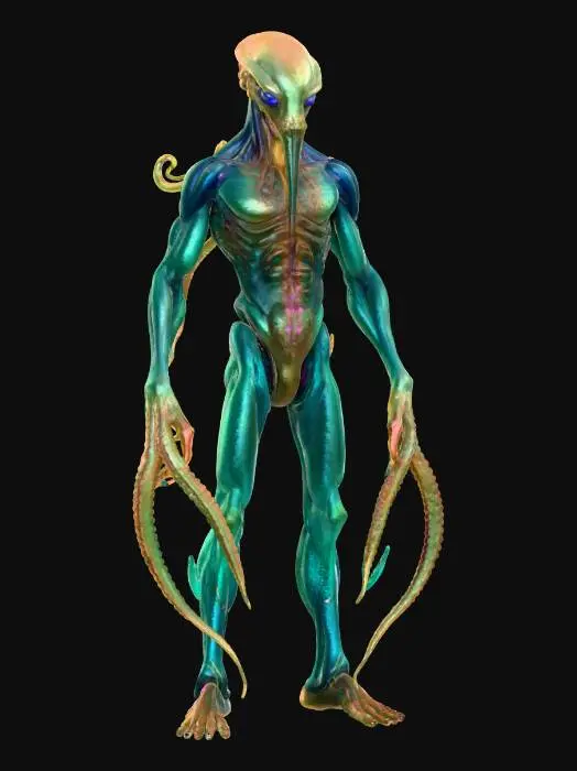 3D model for unknown entity from distant space, intelligent appearance of non-humanoid appearance, long tentacles instead of individual limbs ending in grips, main sensory organs on some kind of head, pleasing to the eye, extremely detailed, high sharp resolution texture, hyperrealistic, epic stance, #villain#