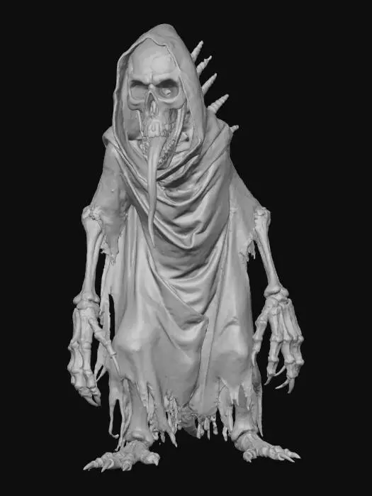 3D model for fantasy creeping horror creature; small hunched figure with thin twisted body and oversized skeletal hands with long claws; dressed in tattered dark hooded robes; skull-like face with glowing red eyes and wide open mouth, sharp teeth and unnaturally long red tongue; bony spine protruding through the back with jagged spikes; skin pale, rotten and stretched tight over bones; posture hunched and crawling, terrifying and monstrous; extremely detailed, high resolution texture, hyperrealistic dark fantasy horror style; color scheme pale bone, dark grey robes, crimson accents, glowing red eyes, #villain#