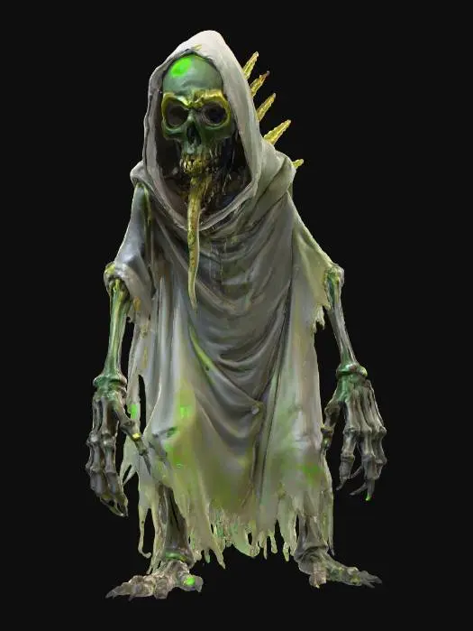 3D model for fantasy creeping horror creature; small hunched figure with thin twisted body and oversized skeletal hands with long claws; dressed in tattered dark hooded robes; skull-like face with glowing red eyes and wide open mouth, sharp teeth and unnaturally long red tongue; bony spine protruding through the back with jagged spikes; skin pale, rotten and stretched tight over bones; posture hunched and crawling, terrifying and monstrous; extremely detailed, high resolution texture, hyperrealistic dark fantasy horror style; color scheme pale bone, dark grey robes, crimson accents, glowing red eyes, #villain#