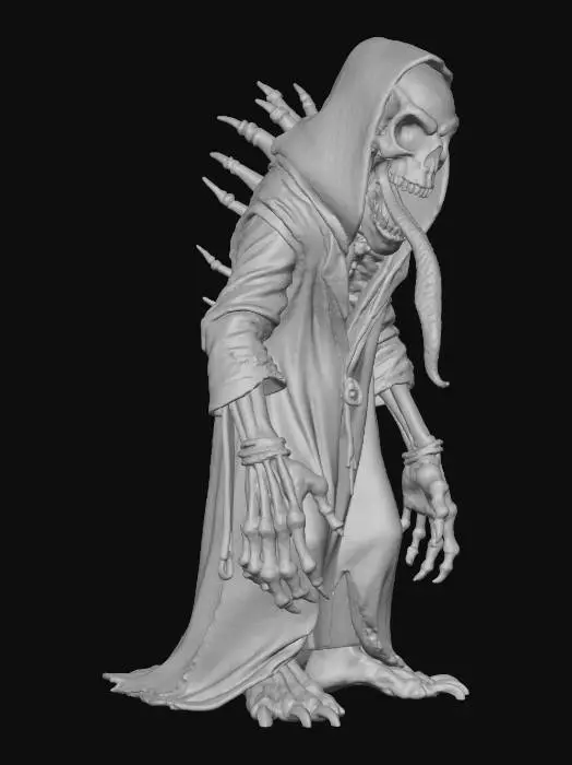 3D model for fantasy creeping horror creature; small hunched figure with thin twisted body and oversized skeletal hands with long claws; dressed in tattered dark hooded robes; skull-like face with glowing red eyes and wide open mouth, sharp teeth and unnaturally long red tongue; bony spine protruding through the back with jagged spikes; skin pale, rotten and stretched tight over bones; posture hunched and crawling, terrifying and monstrous; extremely detailed, high resolution texture, hyperrealistic dark fantasy horror style; color scheme pale bone, dark grey robes, crimson accents, glowing red eyes, #villain#