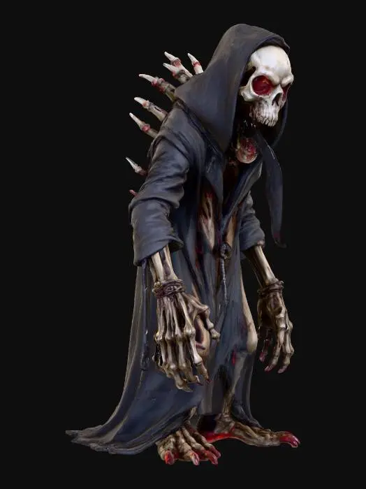 3D model for fantasy creeping horror creature; small hunched figure with thin twisted body and oversized skeletal hands with long claws; dressed in tattered dark hooded robes; skull-like face with glowing red eyes and wide open mouth, sharp teeth and unnaturally long red tongue; bony spine protruding through the back with jagged spikes; skin pale, rotten and stretched tight over bones; posture hunched and crawling, terrifying and monstrous; extremely detailed, high resolution texture, hyperrealistic dark fantasy horror style; color scheme pale bone, dark grey robes, crimson accents, glowing red eyes, #villain#