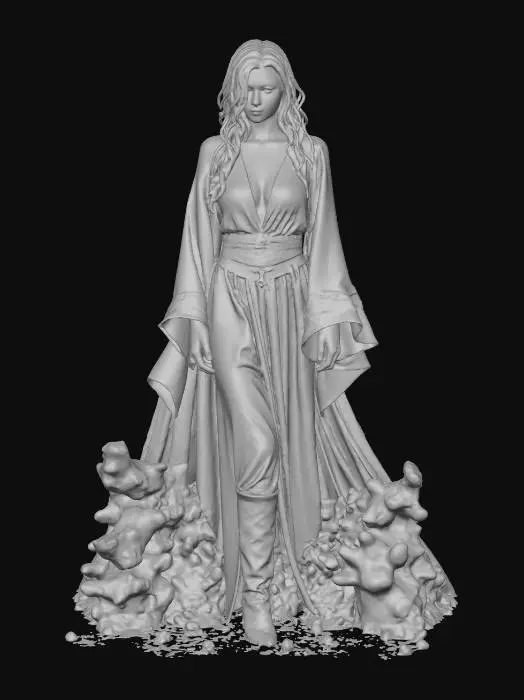 3D model for dark fantasy ashborn witch, elegant feminine figure rising from drifting ashes, body partially forming from embers and soot, flowing robes disintegrating into smoke and glowing cinders, faint inner fire visible beneath the skin, calm but menacing expression, atmospheric lighting, extremely detailed, cinematic high sharp resolution texture, hyperrealistic, epic stance, #villain#