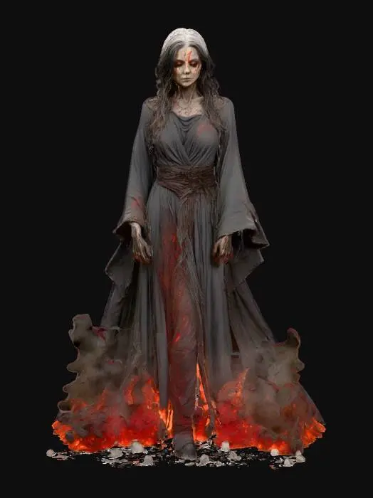 3D model for dark fantasy ashborn witch, elegant feminine figure rising from drifting ashes, body partially forming from embers and soot, flowing robes disintegrating into smoke and glowing cinders, faint inner fire visible beneath the skin, calm but menacing expression, atmospheric lighting, extremely detailed, cinematic high sharp resolution texture, hyperrealistic, epic stance, #villain#