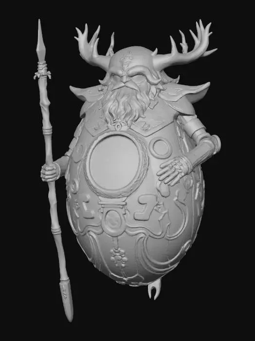 3D model for fantasy egg-shaped mage, floating slightly above the ground, ornate runic shell covered in glowing symbols, tiny mechanical arms holding a staff, faint magical aura surrounding the shell, glowing eyes carved into the surface, hovering cloth fragments like a robe or cape, elegant and mysterious atmosphere, extremely detailed, cinematic lighting, #villain#,